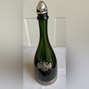 Vintage Segura Viudas glass dark green empty vine bottle with lid, Pewter decor.